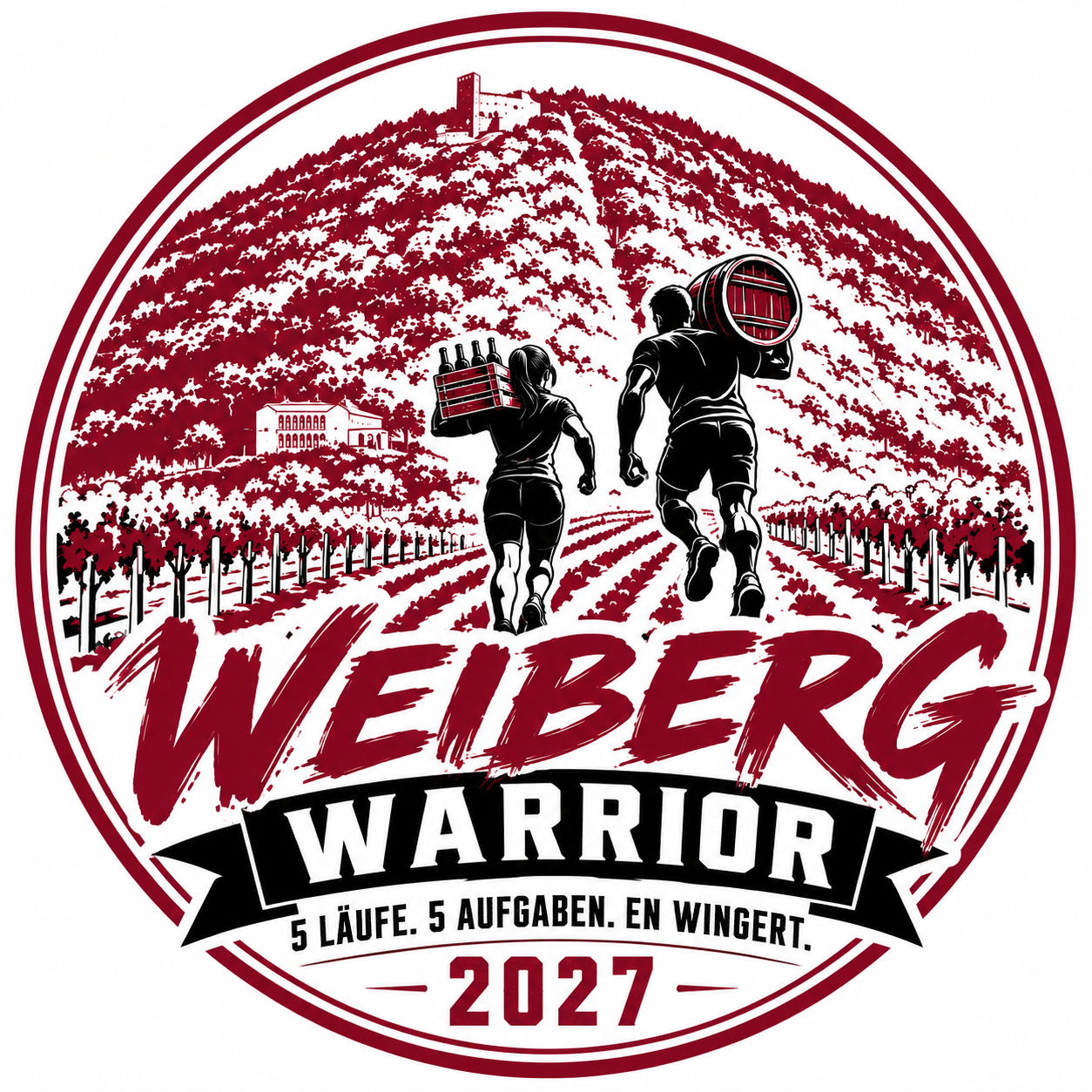 Weiberg Warrior 2027 – zwei Sportler mit Fass und Weinkiste im Wingert